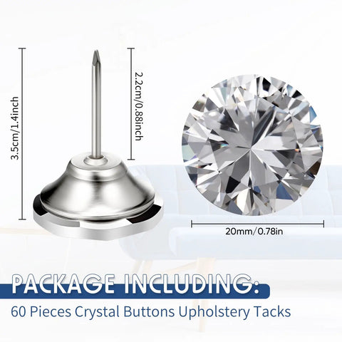 Top Notch Crystal Upholstery Tacks Set Of 60 Dope Diamond Furniture Buttons clean silver 20mm tacks for furniture restoration.
