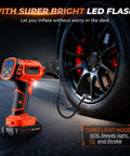 Tire Inflator Portable Air Compressor Cordless 21V Handheld Pump With Digital Pressure Gauge inflating car tire at night