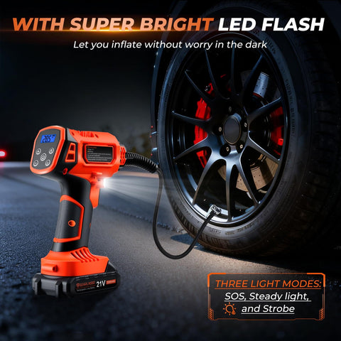 Tire Inflator Portable Air Compressor Cordless 21V Handheld Pump With Digital Pressure Gauge inflating car tire at night