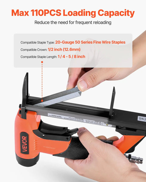 Pro Grade 20 Gauge Pneumatic Staple Gun Featuring A Slick Long Nose showing 110PCS loading capacity and compatible staples.