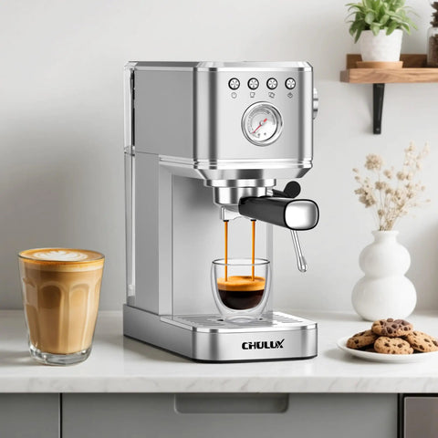 Slim Espresso Machine With Milk Frother, 20 Bar Italian Pump, Fast Heat 1350W, Barista Grade Crema Espresso At Home, Stainless Steel Silver on kitchen counter with coffee cup.