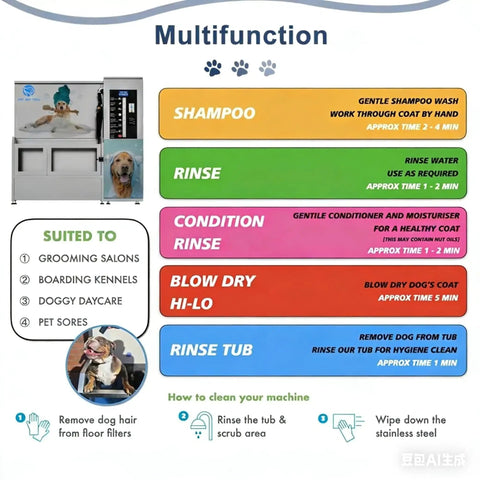 Infographic showing features of self serve pet bathing station for dogs and cats with high pressure water gun, grooming steps, and maintenance tips.