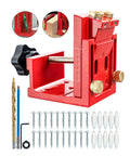 Pro Shop Adjustable Pocket Hole Jig Machined From Rugged Aluminum Alloy with drill bits and screws for woodworking projects.
