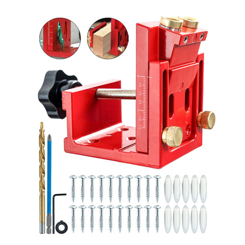 Pro Shop Adjustable Pocket Hole Jig Machined From Rugged Aluminum Alloy with drill bits and screws for woodworking projects.