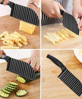 Neletao black handheld crinkle potato cutter with a ridged wavy blade; collage of front, side, and close-up views.