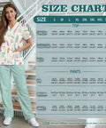 Stethoscope Teeth Print Scrubs Set for Women Pink Pants 2 Piece Nursing Uniform Featuring V Neck Top and Straight Leg Pants Size Chart