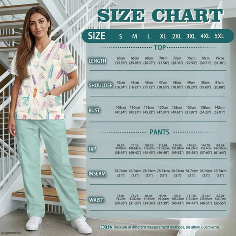 Stethoscope Teeth Print Scrubs Set for Women Pink Pants 2 Piece Nursing Uniform Featuring V Neck Top and Straight Leg Pants Size Chart