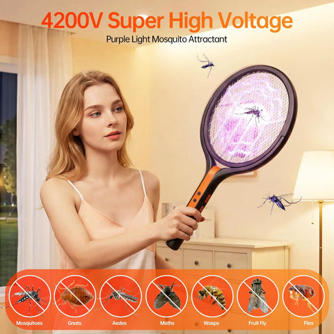 Woman using Three In One Rechargeable Electric Fly Swatter With 4200V Bug Zapper, 360 Degree Rotating Head indoors