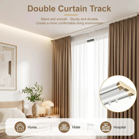 Dual Row Ceiling Mount Curtain Track System For Sheer And Blackout Drapes, Aluminum White Adjustable 9 To 12 Feet, Custom Fit With Easy Install For Home, Hotel, And Hospital Spaces in bedroom