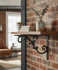 Black Iron Wall Shelf Bracket For Industrial Rustic Decor supporting a wooden shelf with books and vase on a brick wall