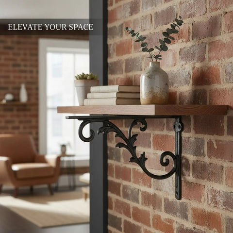 Black Iron Wall Shelf Bracket For Industrial Rustic Decor supporting a wooden shelf with books and vase on a brick wall