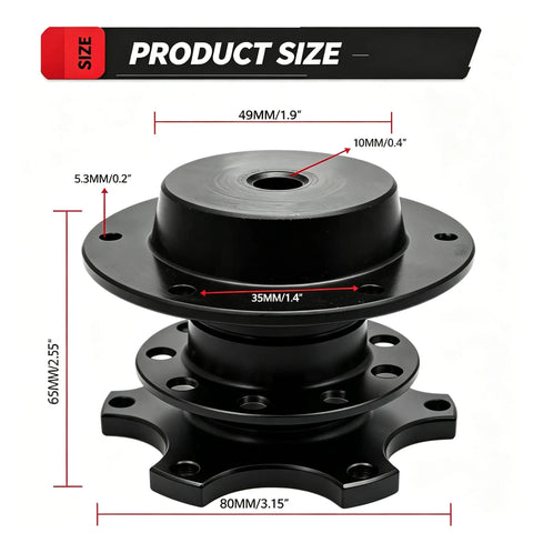 Sick Heavy Duty Six Bolt Quick Release Steering Wheel Hub Adapter Crafted From Cnc Aluminum Ball Lock Boss Kit For Your Race Rig Track Ready Snap Off Steering Swap In Black size dimensions with measurements displayed