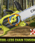 Close-up of 12 Inch Cordless Electric Chainsaw With Dual 20V 4Ah Li Ion Batteries, showcasing tool-free chain tension feature.