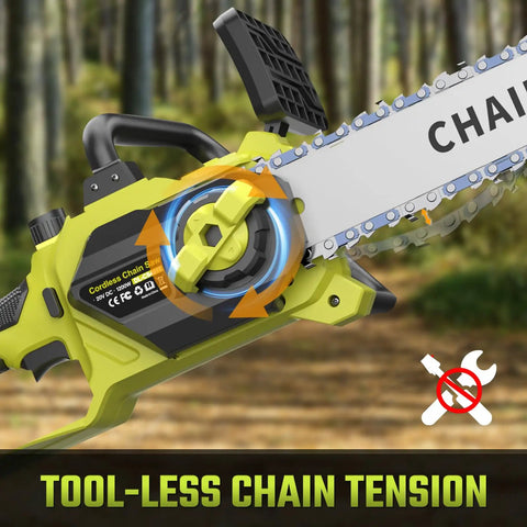 Close-up of 12 Inch Cordless Electric Chainsaw With Dual 20V 4Ah Li Ion Batteries, showcasing tool-free chain tension feature.