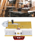 Router Table Lift Kit With Stainless Steel Base Plate in woodworking workshop, 64 To 66 mm motor diameters, gold finish.