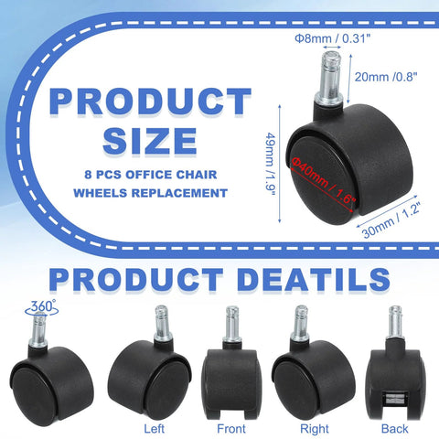 Office Chair Wheels Replacement 8 Pcs Nylon Heavy Duty Caster Wheels With Universal Stem For Hardwood Floors And Carpet 1.5 Inch Wheel 49 Mm Height 30 X 40 Mm Size Black Standard Stem product sizes and views image