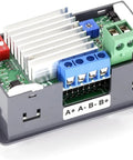 Stepper motor driver controller board with aluminum heatsink, red DIP switch, blue terminal block, and A+ A- B- B+ labels