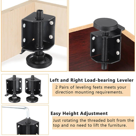 Heavy Duty Adjustable Furniture Leveler Feet With Corner Edge Guards And Tight Lock Nuts Squashes Wobbly Furnishings, showing load-bearing design for easy height adjustment.