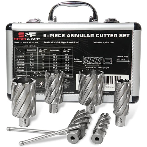 Annular Cutter Set For Magnetic Drill Press With HSS M2AL Steel Bits, Six Diameter Bits From Seven Eighths Inch To Two Inches