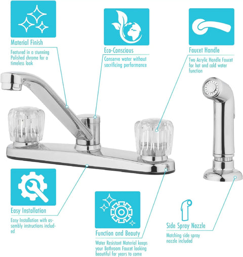 Infographic of Two Handle Kitchen Faucet With Side Spray In Polished Chrome For Easy Control And Quick Cleanup Durable Brass Construction Sleek Round Knobs Fits Most Sinks And Level Up Your Kitchen Style, detailing features and benefits like material finish, eco-conscious design, easy installation, and side spray nozzle.