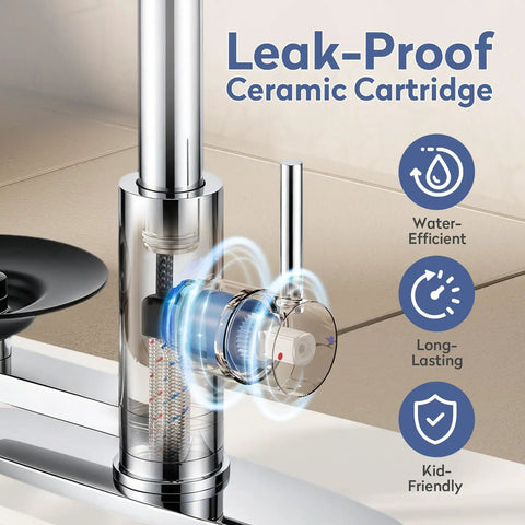 SINGSUO Pull Down Kitchen Faucet with Glass Rinser (Chrome) featuring a leak-proof ceramic cartridge for durability.