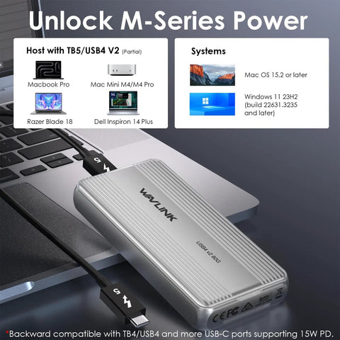 Next Level 80Gbps M.2 NVMe SSD Enclosure With Thunderbolt 5 And USB4 V2 Support connected to a laptop.