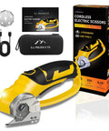 Upgrade Your Workflow With This Badass 4V Cordless Electric Scissors showing a yellow electric scissor, charger, case, and manual.