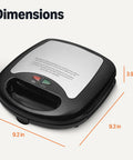 Amazon Basics 3 in 1 Sandwich Maker Panini Press With Removable Ceramic Coated Plates Space Saving Design 760W Power shown from above with dimensions labeled.