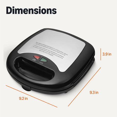 Amazon Basics 3 in 1 Sandwich Maker Panini Press With Removable Ceramic Coated Plates Space Saving Design 760W Power shown from above with dimensions labeled.
