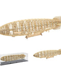 Wooden Airship Model Kit For STEM Nerds 3D DIY Airship Building Toy For Teens And Adults Realistic One To Four Fifty Three Scale Premium Wood Craft For Home Office Decor And Display, shown assembled with display case.