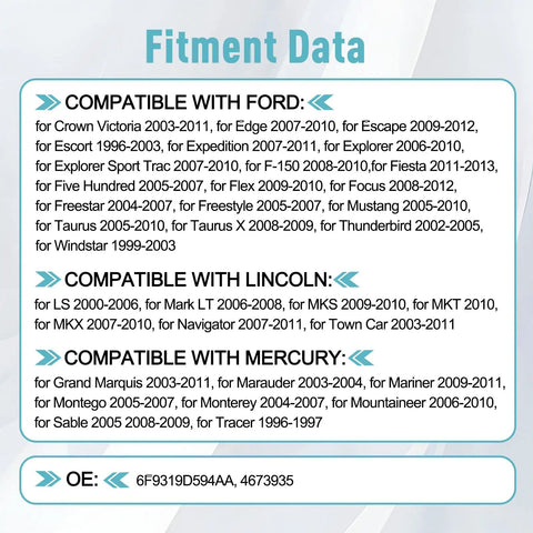 Fitment data showing compatibility of Ford AC Pressure Transducer Switch Sensor with various Ford, Lincoln, and Mercury models.