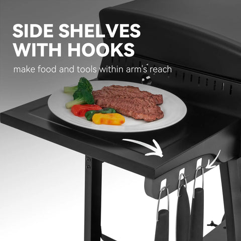 Side view of the PD4001 4 Burner Propane Gas Griddle with side shelf, hooks, and a plated meal, black