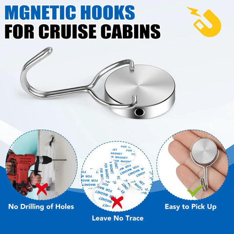 Heavy Duty Swivel Magnetic Hooks With A Killer 60 LB Hold Perfect For Cruise Cabins And RV Travel Gear Hangs Tough No Sweat Easily Rotates For Quick Access Makes Home Organization A Breeze All Around, showing sturdy silver hook.