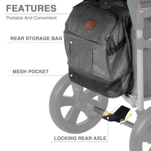 Rear storage bag and mesh pocket on Foldable Wagon For Two Kids And Cargo With Adjustable Telescoping Handle, Black.