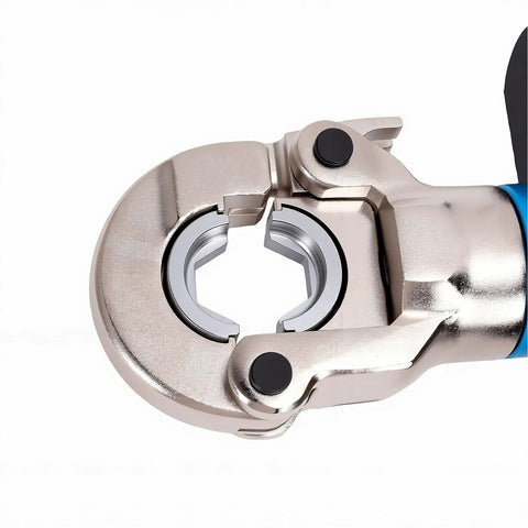 Close up of the Eujgoov Cordless Hydraulic Lug Crimping Tool With 12 Dies For 18V Battery, showing stainless steel crimping head.