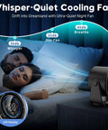 Cordless Desk Fan With Turbo Airflow and Whisper Quiet Operation 7.5 Inch Rechargeable Table Fan next to sleeping couple