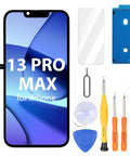 iPhone 13 Pro Max Screen Replacement Kit With 6.7 Inch FHD LCD Display And Touch Digitizer True Tone Programmable Face ID Remains Drop In DIY Replacement Preinstalled Front Camera And Earpiece Housing For Models A2484 A2641 A2643 A2644 A2645, showing display and tools.
