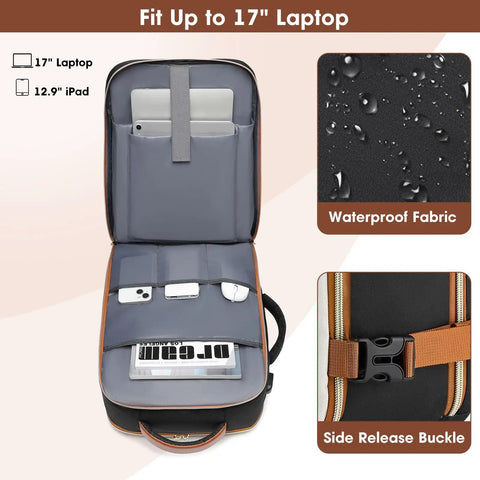 Carry On Travel Backpack With Flight Approved And Water Resistant Design, open with laptop compartment and side buckle feature