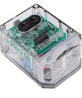 Built Tough Motion Sensor Safety Alarm For Frontline Workers With 100dB Distress Alert Long Battery Life Rock Solid Stillness Detection Gear electronic circuit board in a transparent enclosure.