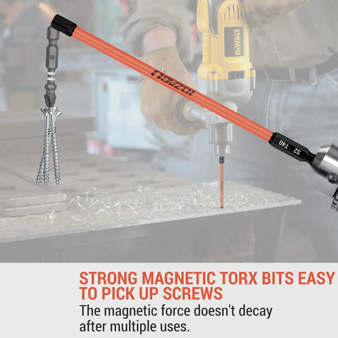 Six Inch Long Torx Bit Set T7 To T40 Magnetic Security Tamper Proof Star Bits demonstrating strong magnetic grip.