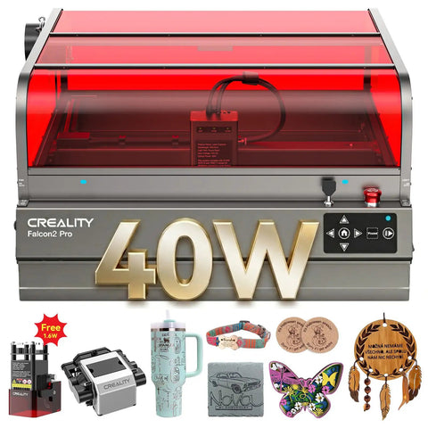 Falcon2 Pro 40W Laser Engraver Desktop Diode With Integrated Enclosure And Camera For Batch Processing, shown with engravings.