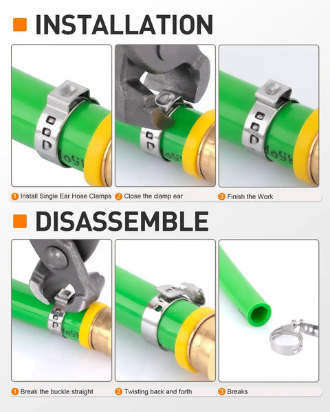 650 Piece Single Ear Hose Clamp Kit With Ear Pincer for installation and disassembly on green hose using pliers