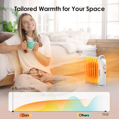 700W Oil Filled Radiator Heater With Adjustable Thermostat Two Heat Settings Silent Operation in bedroom coziness