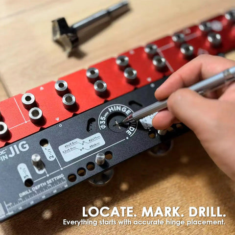 Close-up of Hassle Free Cabinet Shelf Pin Jig flipping between 5mm and quarter inch bits, marking precise hinge placement.