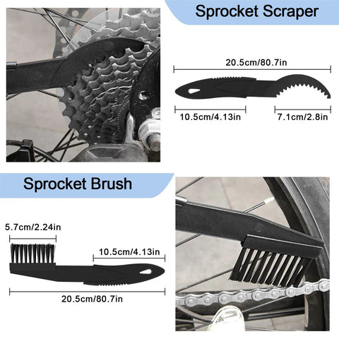 Sprocket scraper and brush from 12 Piece Bicycle Chain Tool Set With Chain Cutter, Pliers, Measuring Tool, Flywheel Removal Wrench for 6-12 speed bikes