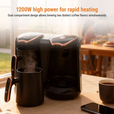 Beast 1200W Turkish Coffee Maker With Dual 1000ml Pots Adjustable Temperature, shown on a kitchen table with steam rising from pots.