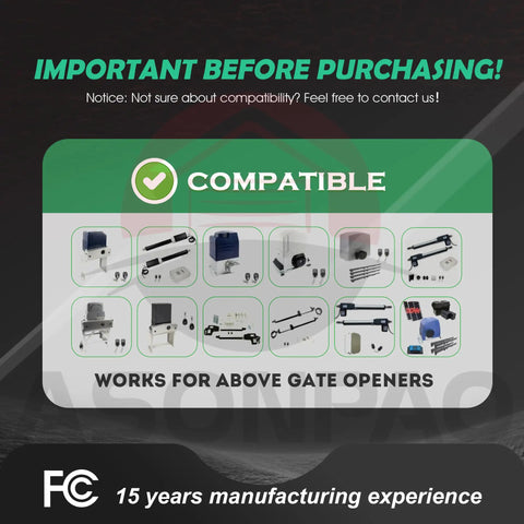 Compatibility chart showing gate opener models with text highlighting 15 years manufacturing experience