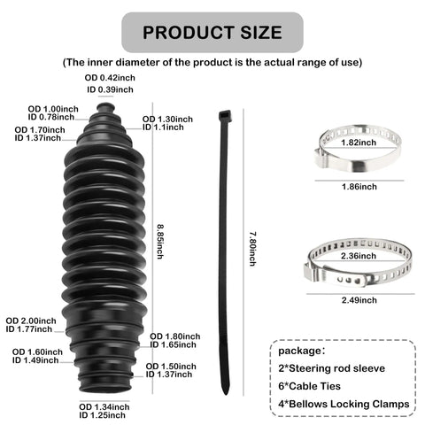 Pro Grade Rack And Pinion Boot Kit With Dustproof Silicone Inner Tie Rod Boot Set Includes dimensions and components shown