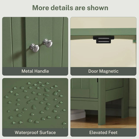 Slick U Shaped Under Bathroom Sink Cabinet With Two Smooth Doors And Nifty Open Shelf To Dodge Pesky Plumbing Pipes And Stash Cleaners In Modern Green Space Saver