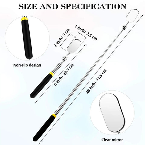 Pair Of Telescoping Inspection Mirrors Extend To 28 Inches With 360 Degree Rotation And Detachable Pocket Mirror For Eyelash Extensions Techs Mechanics And Vehicle Small Parts showing black handle and clear mirror.